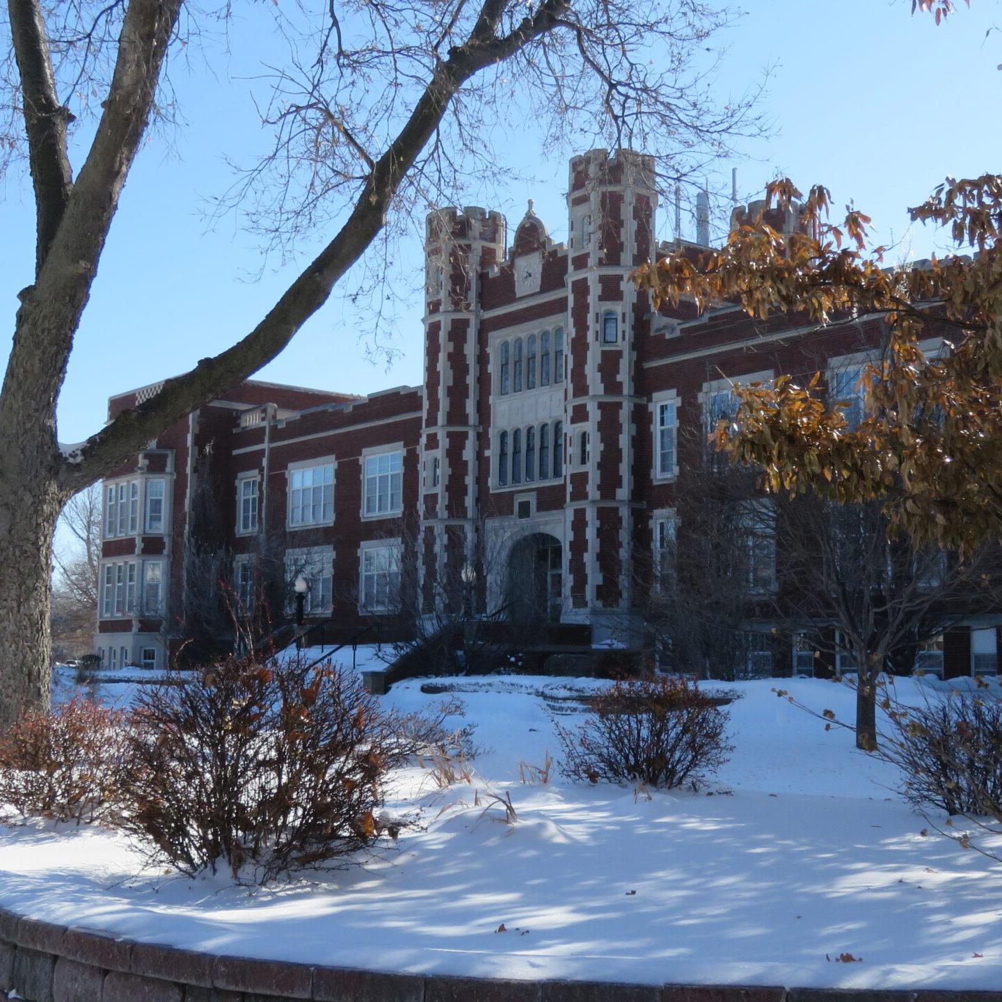 Pioneer Hall in snow from the side